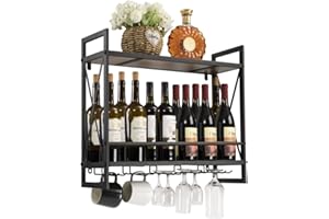 Hadulcet Industrial Wall Mounted Wine Rack, 2-Tier Wood Wine Bottle Shelf with 5 Stem Glass Holders for Wine Glasses, Mugs, and 2 Metal Baskets for Storage, Rustic Brown
