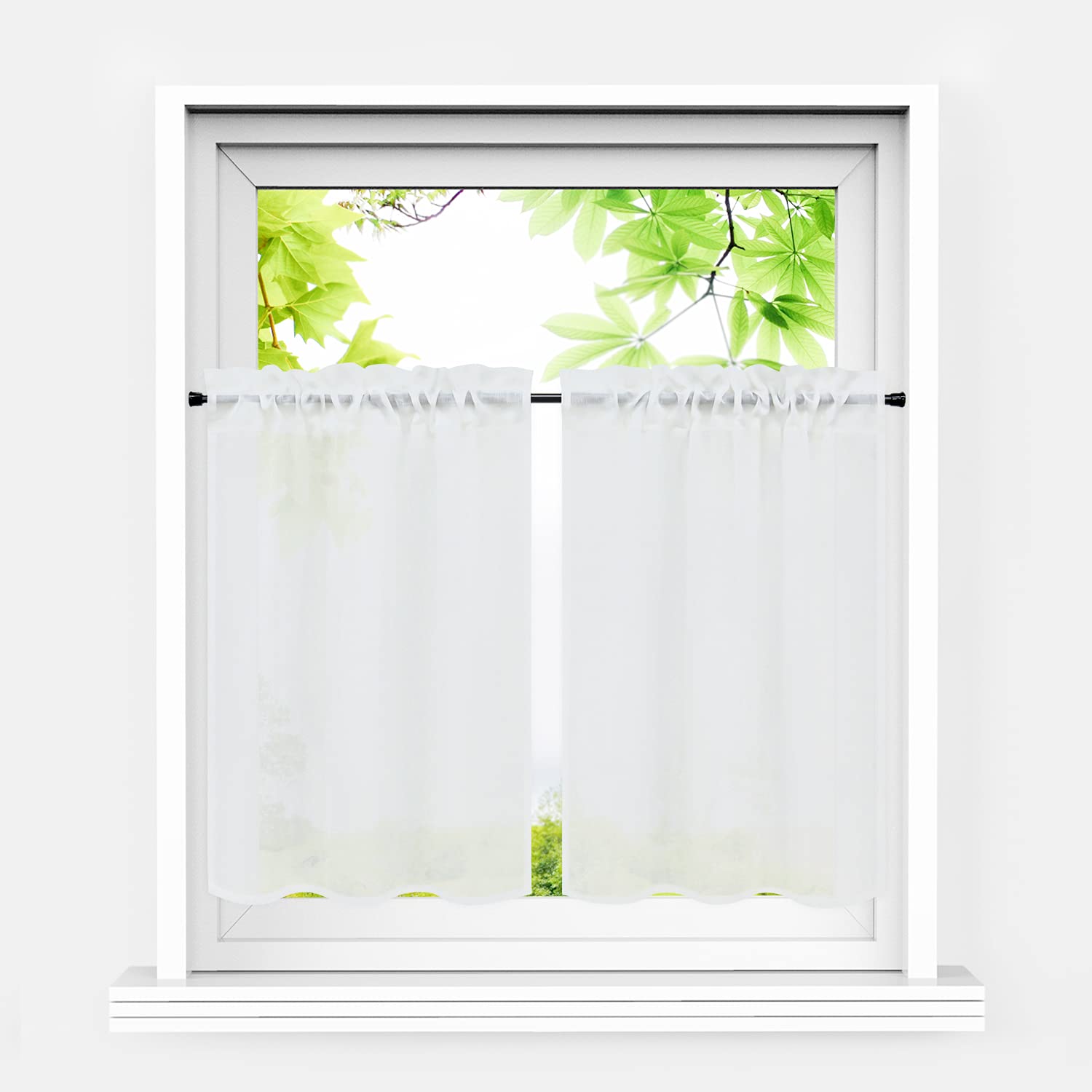 Heichkell Net Curtains Set of 2 Short Net Curtains Country House Style Semi-Transparent Bistro Curtain Linen Look Small Window Curtains Kitchen White W x H 66 x 92 cm x 2