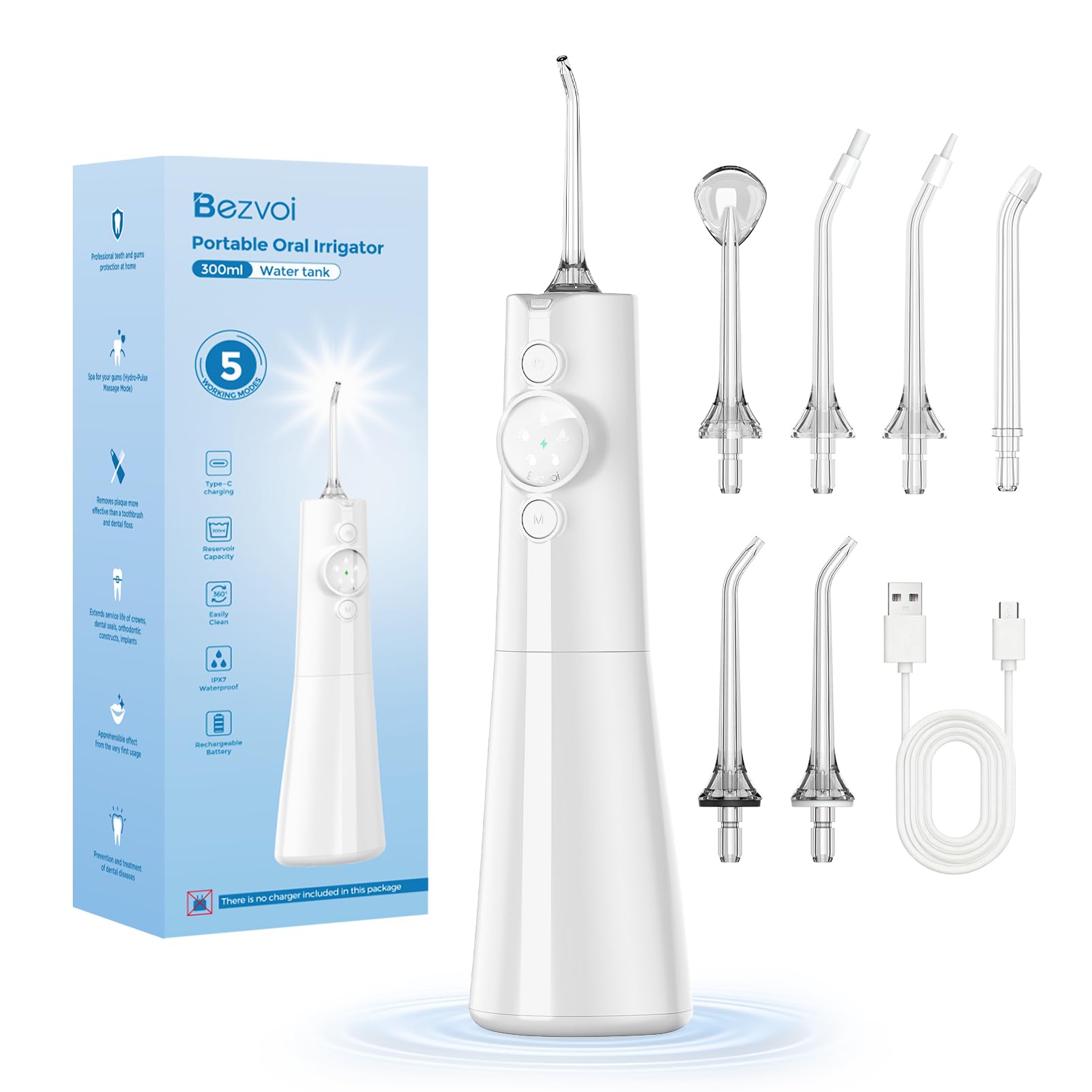 Bezvoi Water Flosser for Teeth Cordless: Professional Oral Irrigator LED Display 5 Modes, 300ML Water Tank, IPX7 Waterproof Electric Tooth Cleaner, Water Floss with 6 Jet Tips for Home Travel, White
