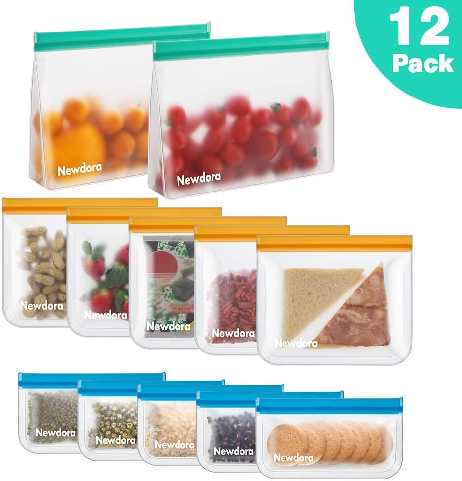 Newdora Bolsas de Silicona Reutilizables 12 Pack, Bolsas Congelar Reutilizables para Almacenamiento de Alimentos, Bolsas de conservación, Bolsas Reutilizables para Fruta Sándwiches Verduras, Sin BPA