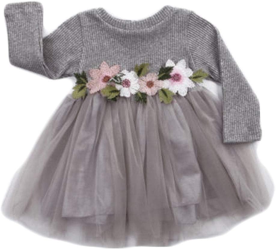 Toddler Kids Girls Fall Jersey Dress Long Sleeve Floral Tulle Cap Tutu Dresses Outfit