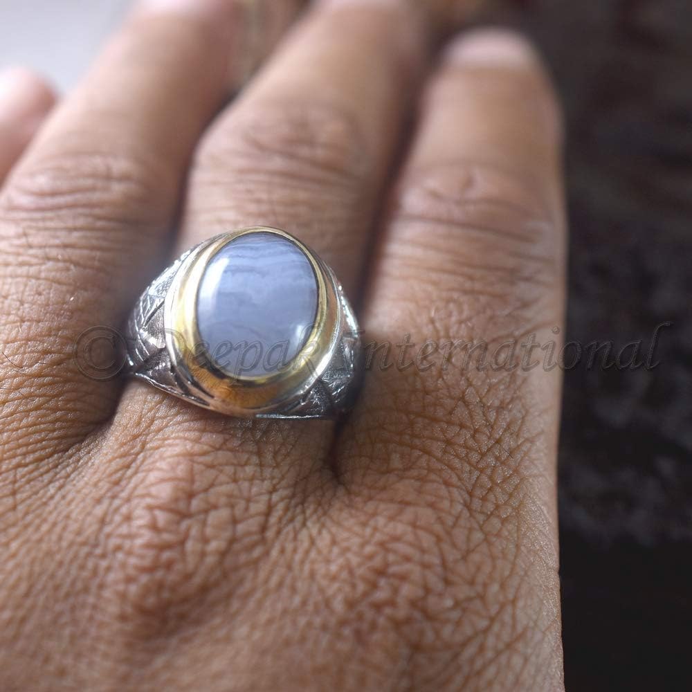 GenericBlue Lace Agate Ring, Two Tone 925 Sterling Silver Ring, Signet Designer Ring, Engagement Ring, Handmade Jewelry, Mens Vintage Rings, Gift For Her Ring, Gift For Boys Rings