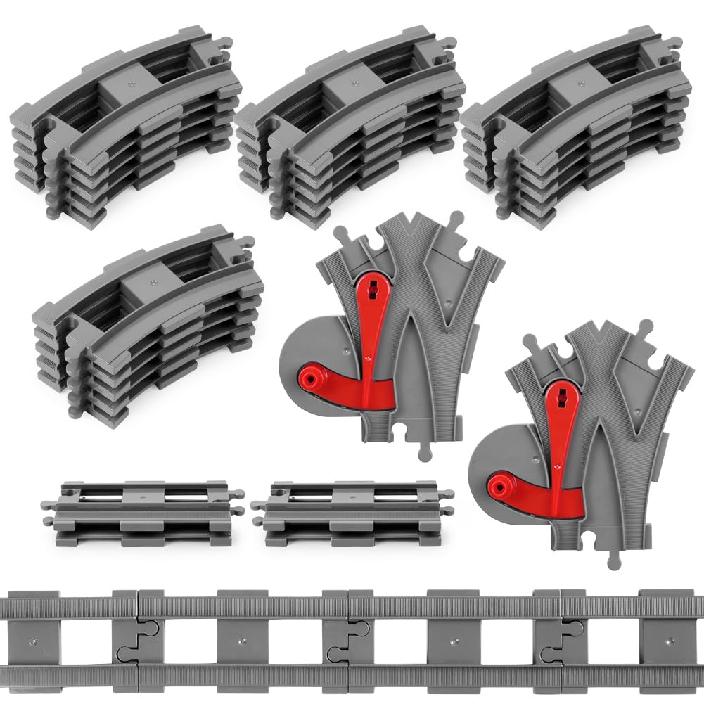HOTUT 26 PCS City Train Tracks, City Railway Rails for Train, Construction Toy Set Compatible with All Major Brand, Classic Tracks Gifts for Boys and Girls, 2 Change Track 20 Curved Rails 4 Straights