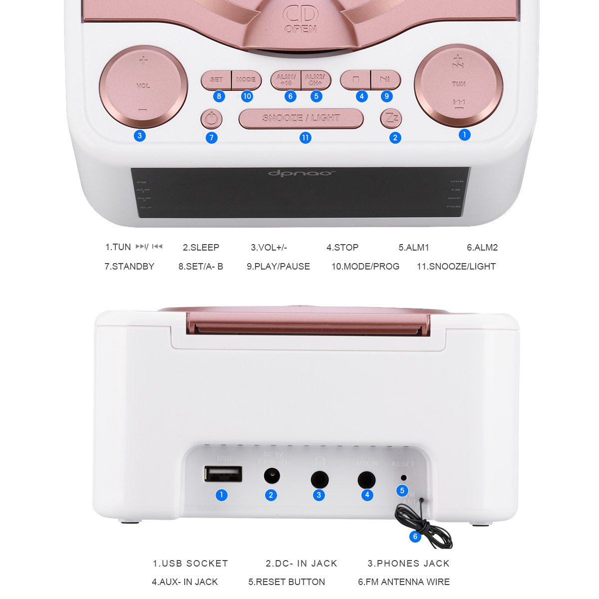 Alarm Clock Radio with CD Player DPNAO Remote Headphone Jack for girls