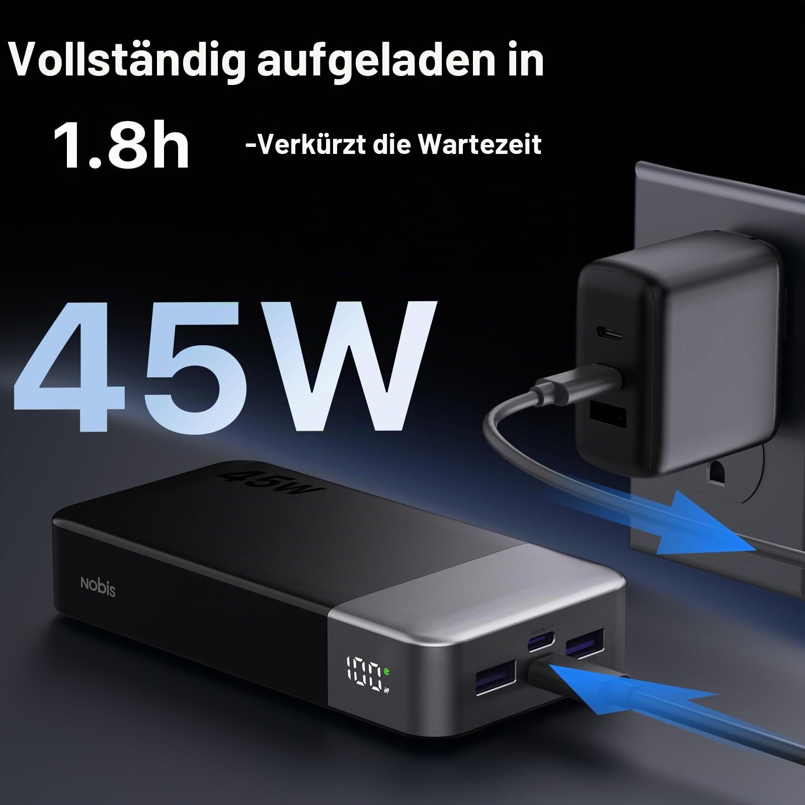 NOBIS 45W Power Bank Powerbank 20000mAh Schnellladung, 2×USB‑C (in/Out) & 2×USB‑A, Digitalanzeige & Kleinstrommodus, Kompatibel mit Phone 17 S25 4
