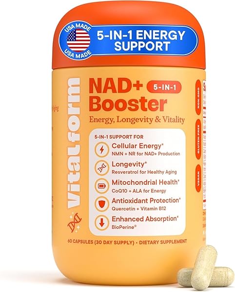 VITALFORM NAD+ SUPPLEMENT WITH NMN & NICOTINAMIDE RIBOSIDE (NR) – ADVANCED CELLULAR ENERGY & HEALTHY AGING COMPLEX – WITH RESVERATROL, COQ10, QUERCETIN & BIOPERINE – 60 VEGAN CAPSULES