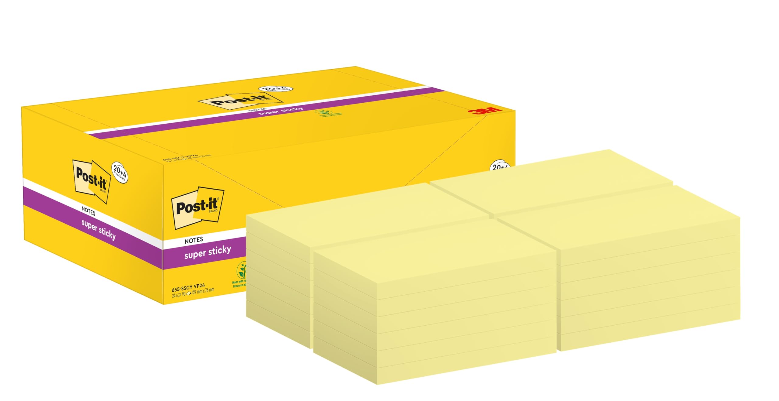 Post-it Super Sticky Notes, 2160 Sheets, Value Pack of 24 Pads, 76 mm x 127 mm - Holds Strong to Many Surfaces - Canary Yellow - for Walls, Monitors and Fridge, Recycable