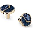 AAMPEAR 6 Pack Brass Gold Cabinet Knobs, Blue Marble Agate Dresser Knobs, Flat Zinc Cupboard Drawer Pulls