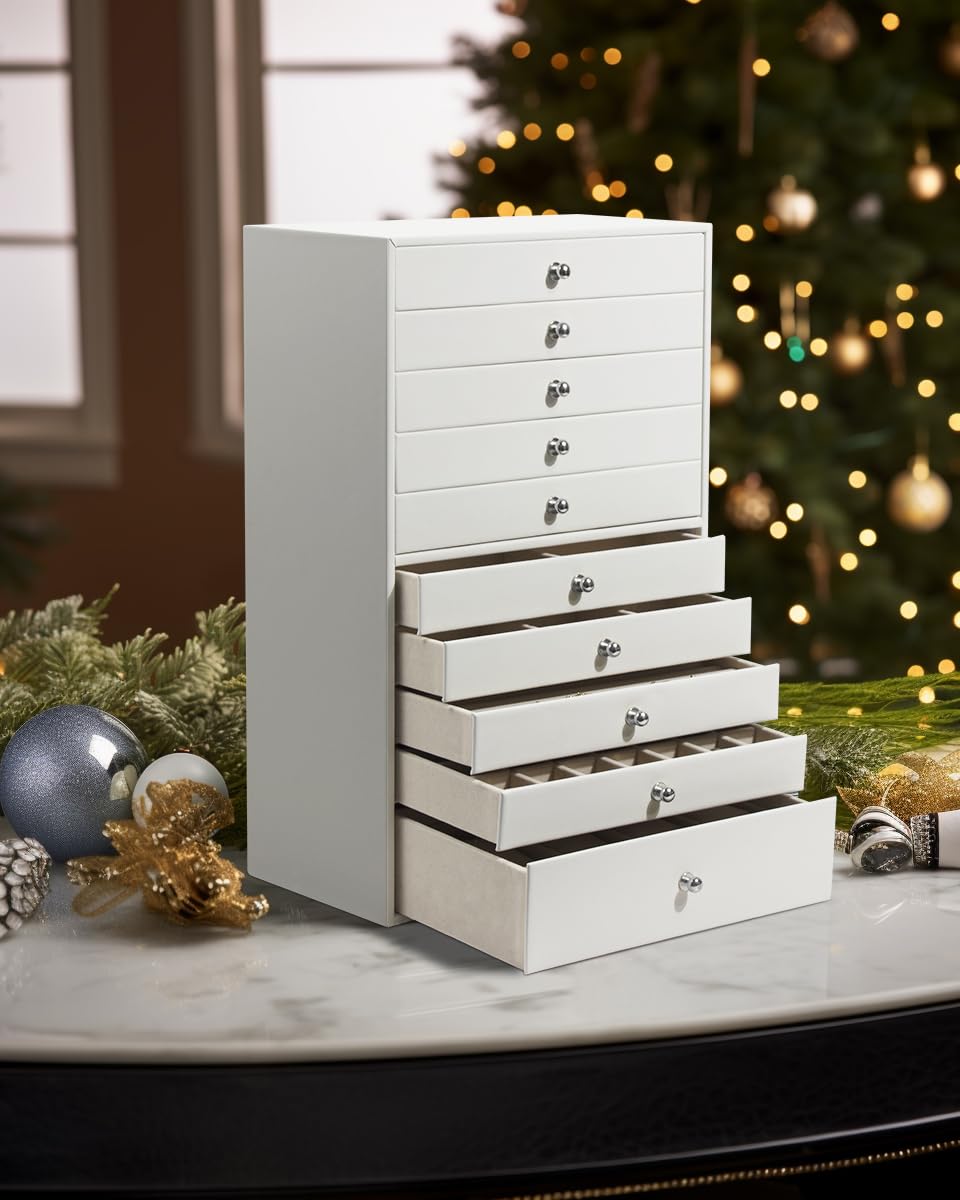 GUKA GUKA Large Jewelry Box, Jewelry Case with 10 Drawers for Big and Small Jewelry, Jewelry Storage Organizer for Watch Earrings Necklace Rings Bracelets, Birthday Wedding Gifts, White