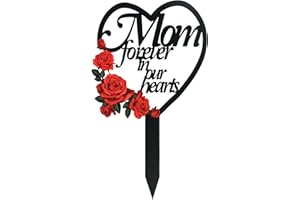 J6&H6 Garden heart-shaped memorial plaque, metal gravestone pile decorations, sympathy garden piles waterproof cemetery memorial marker, easy to install outdoor patio garden graveyard decorations（Mom-rose）