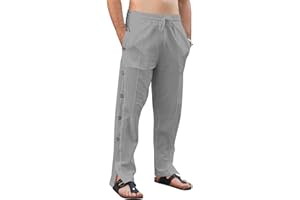 TRFIC Casual Linen Pants Men Button Straight Yoga Pants Drawstring Elastic Waist with Pockets Beach Pants