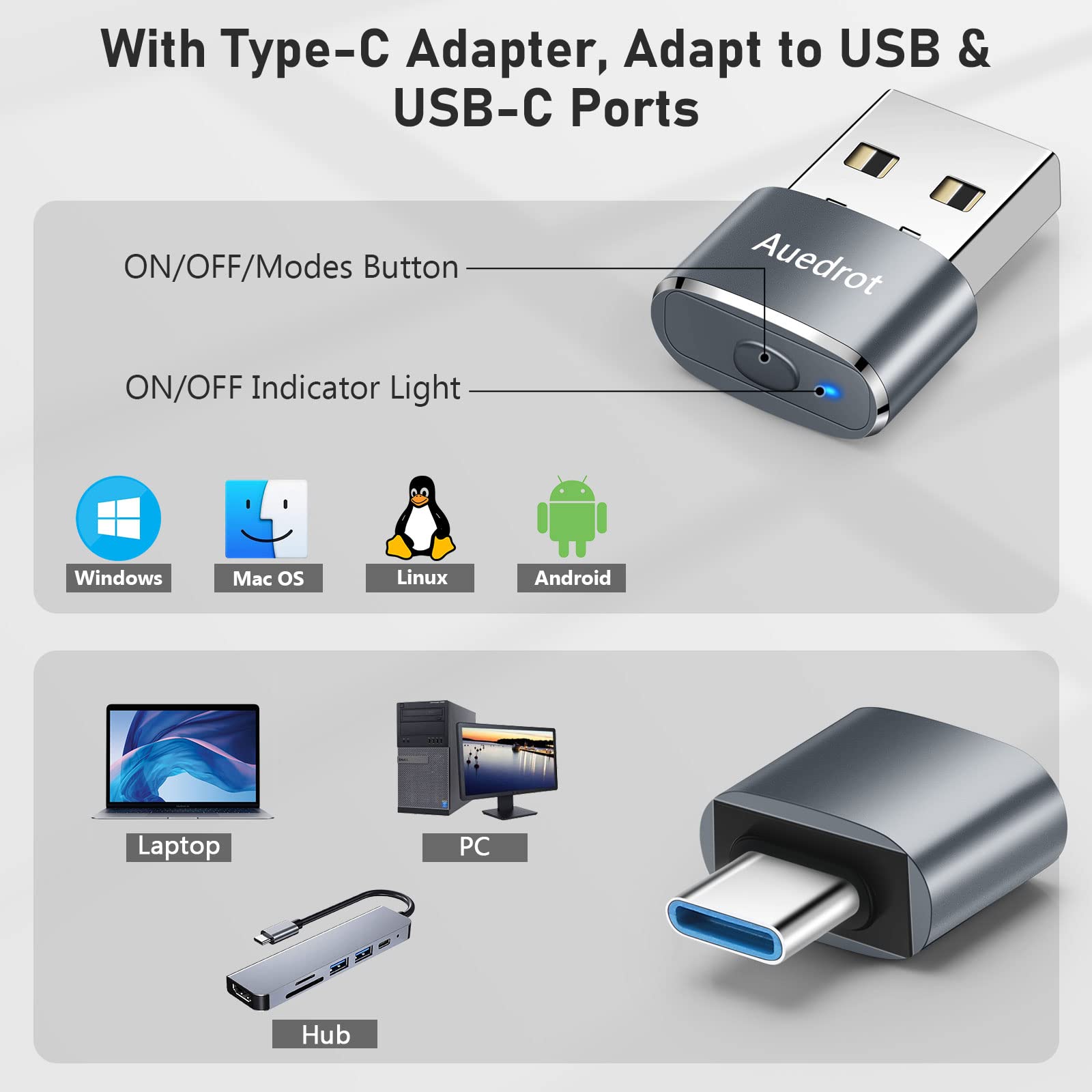 Mouse Jiggler Undetectable Metal USB Mouse Mover with Switch Button, Automatic Mini Mouse Shaker with 2 Jiggle Modes, Driver-Free, Plug & Play, Keep Computer/Laptop Awake, with USB-C Adapter, Gray