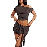 WDIRARA Women's 2 Piece Outfits One Shoulder Top and Ruched Bodycon Mini Skirt Set Asymmetrical Clubwear