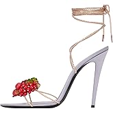 Fuazuzu Rhinestone Lace Up High Heel Sandals for Women Satin Strappy Crisscross Open Pointed Toe Stiletto Heels Spring Summer Dopamine Beach Wedding Party Prom Sandals
