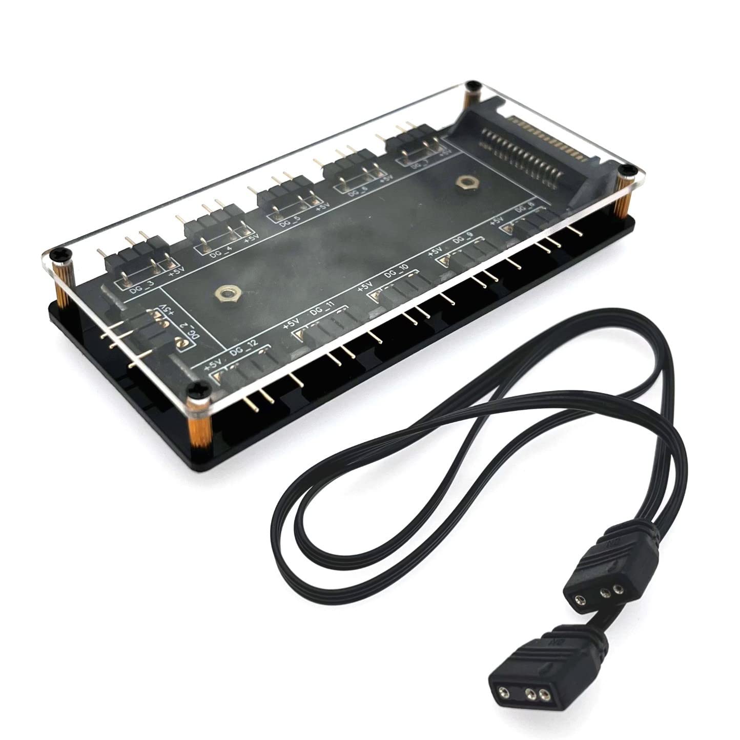 JZK 5V 3Pin ARGB Hub with housing, including extension cable, 5V 3 Pin RGB LED Splitter Hub with SATA/IDE Port, double sided Tape on the back side