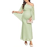 AISWI Cape Maternity Mesh Dress One Shoulder Maxi Mermaid Pregnancy Dress with Brooch Formal Baby Shower Photoshoot