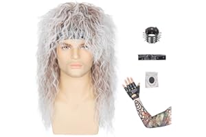 M MISS U HAIR Miss U Hair 80s Wig Men Women Rocker Costume Set Stretchable Headband Tattoo Sleeve Studded Wristband Glove