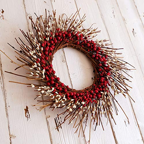 idyllic Rustic Twig Red Berry Wreath 14 Inches Pip Berries Valentine's Day Fall Autumn Indoor Outdoor Decorating Accessory