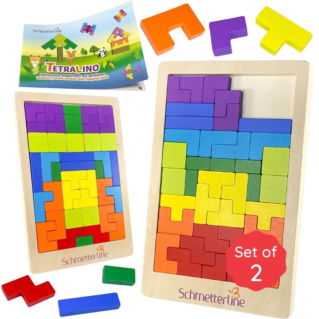 SCHMETTERLINE® Set of 2 wooden puzzles for children from 3 years - Montessori wooden toys to develop intelligence - Tangram learning game with colours - incl. 88 building blocks