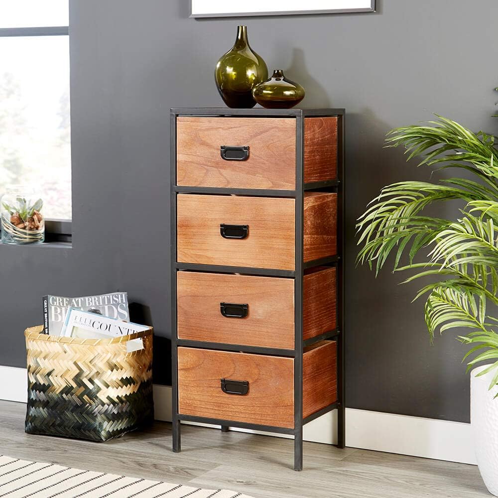 Home Source Retro Wooden Narrow Chest of Drawers Metal Handles and Legs