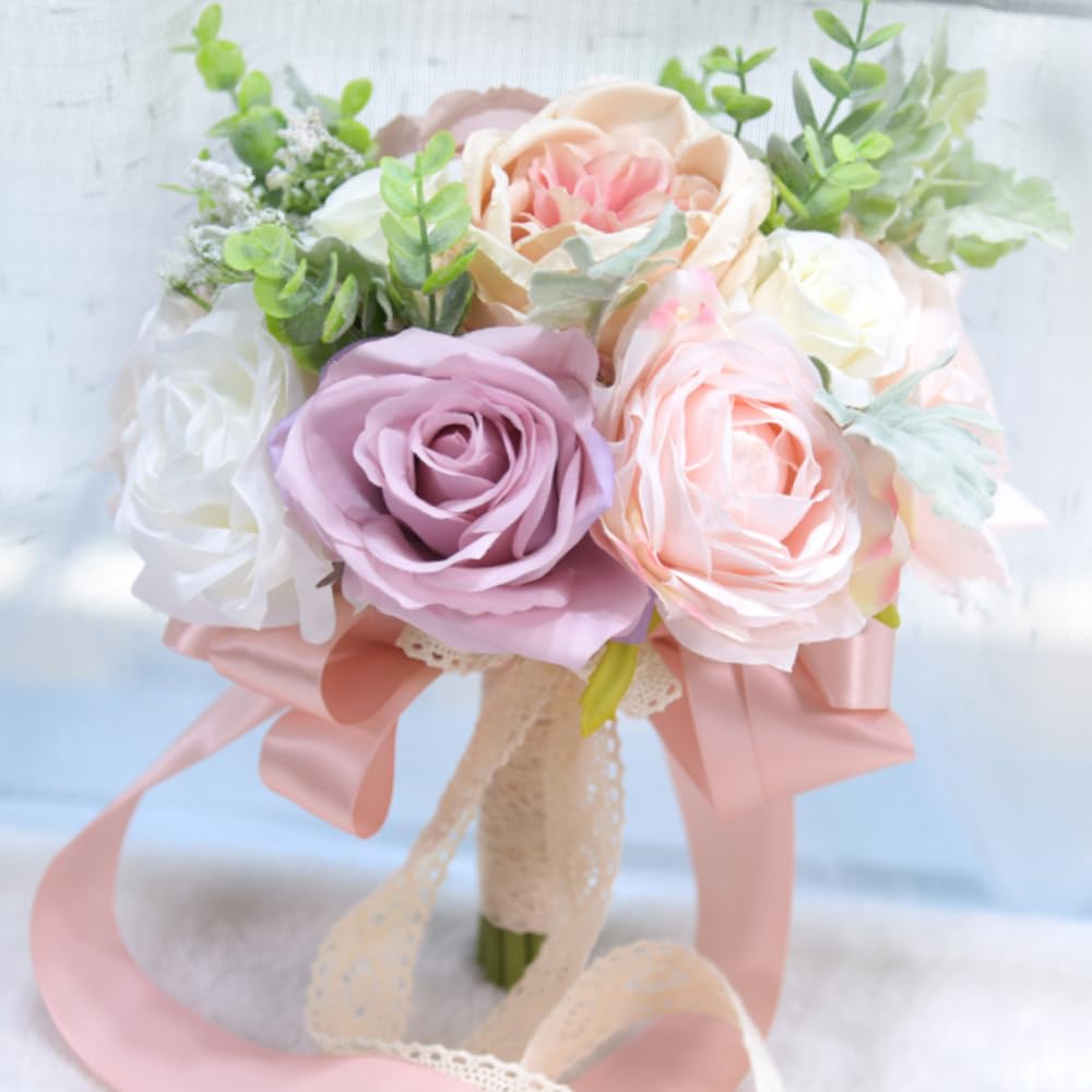 LESING Bridal Wedding Bouquets Artificial Rose Flowers Bouquet Handmade Romantic Wedding Bouquets for Bride Bridesmaid Holding Flowers (Bouquet-Peony Rose Purple)