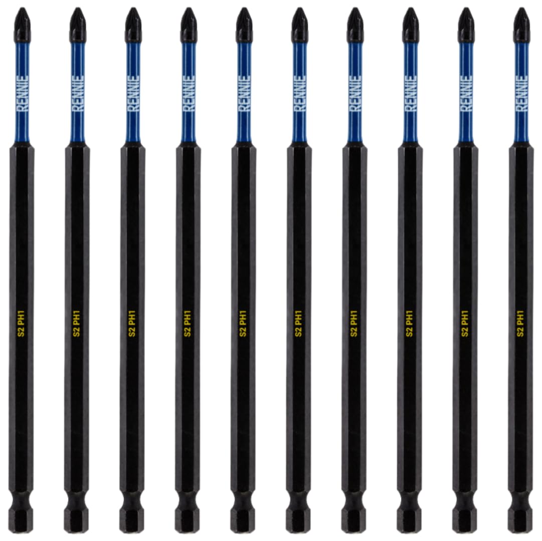10 x Rennie Tools 150mm Long PH1 Impact Screwdriver Driver Bits Set. Magnetic Phillips No.1 Heavy Duty Impact Driver Bit Set. Extra Long PH1 Bits Extra Long. Hex Shank, Cross Head. Black Oxide Coated