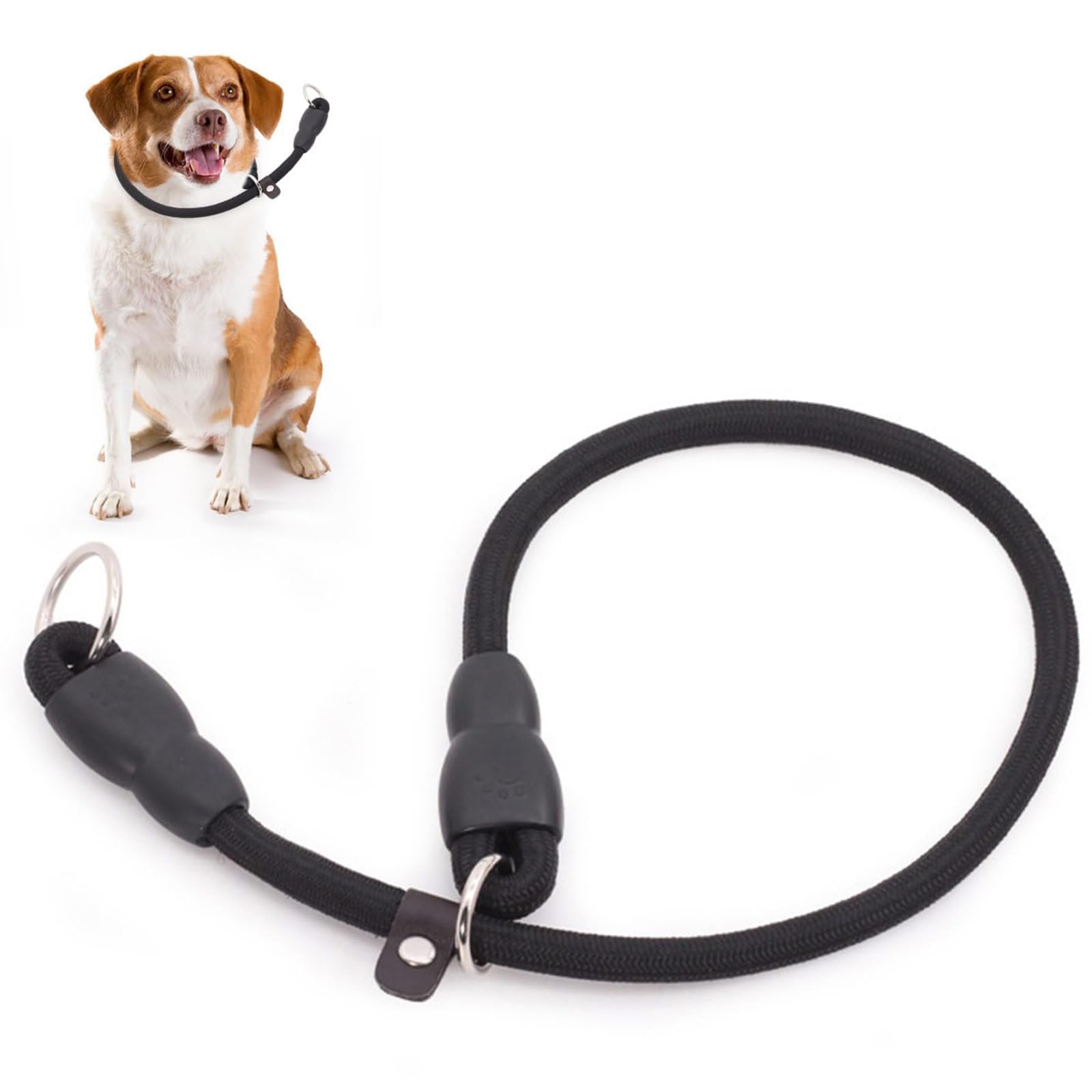 P-Collar No Pull Dog Training Slip Collar - Round Nylon Rope for Small Medium Dogs (M, Black)