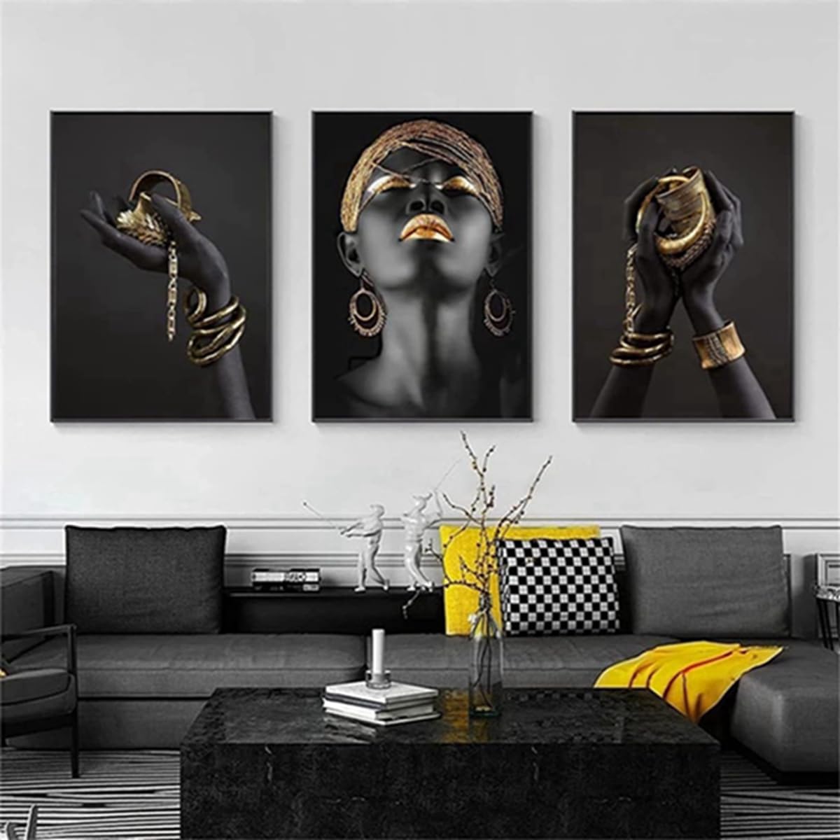 JNAOZI 3D Metal Figure Statue Canvas Painting Lovers Sculpture Poster Abstract Poster African Woman Canvas Picture Poster Frameless (Poster 05.40 x 60 cm x 3 Pieces)
