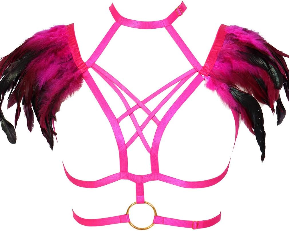 Feather Harness Bra Epaulette Shoulder Wings Women Festival Rave Gothic Punk Body Plus Size Rose Red