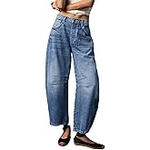 Womens Stretchy Mid Rise Barrel Jeans Vintage Loose Wide Leg Cropped Denim Pants Y2k Baggy Boyfriend Jeans