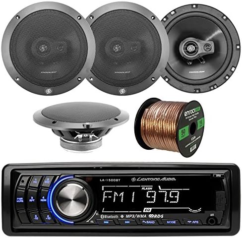Lightning Audio by Rockford Fosgate LA1500BT MP3 Bluetooth Stereo Receiver Player Bundle Combo With 4x L675-S 6-3/4" Inch Full Range Black Car Coaxial Speakers + Enrock 50 Foot 16 Gauge Speaker Wire
