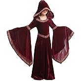 RABISS Girls Medieval Princess Costume Hooded Robe Renaissance Dress Up Outfit Halloween Cosplay Role Play Party Gown