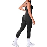 BRXL Built In Bra One Piece Jumpsuits for Women Square Neck Ribbed Sleeveless Seamless Rompers Bodysuits Casual Workout Gym