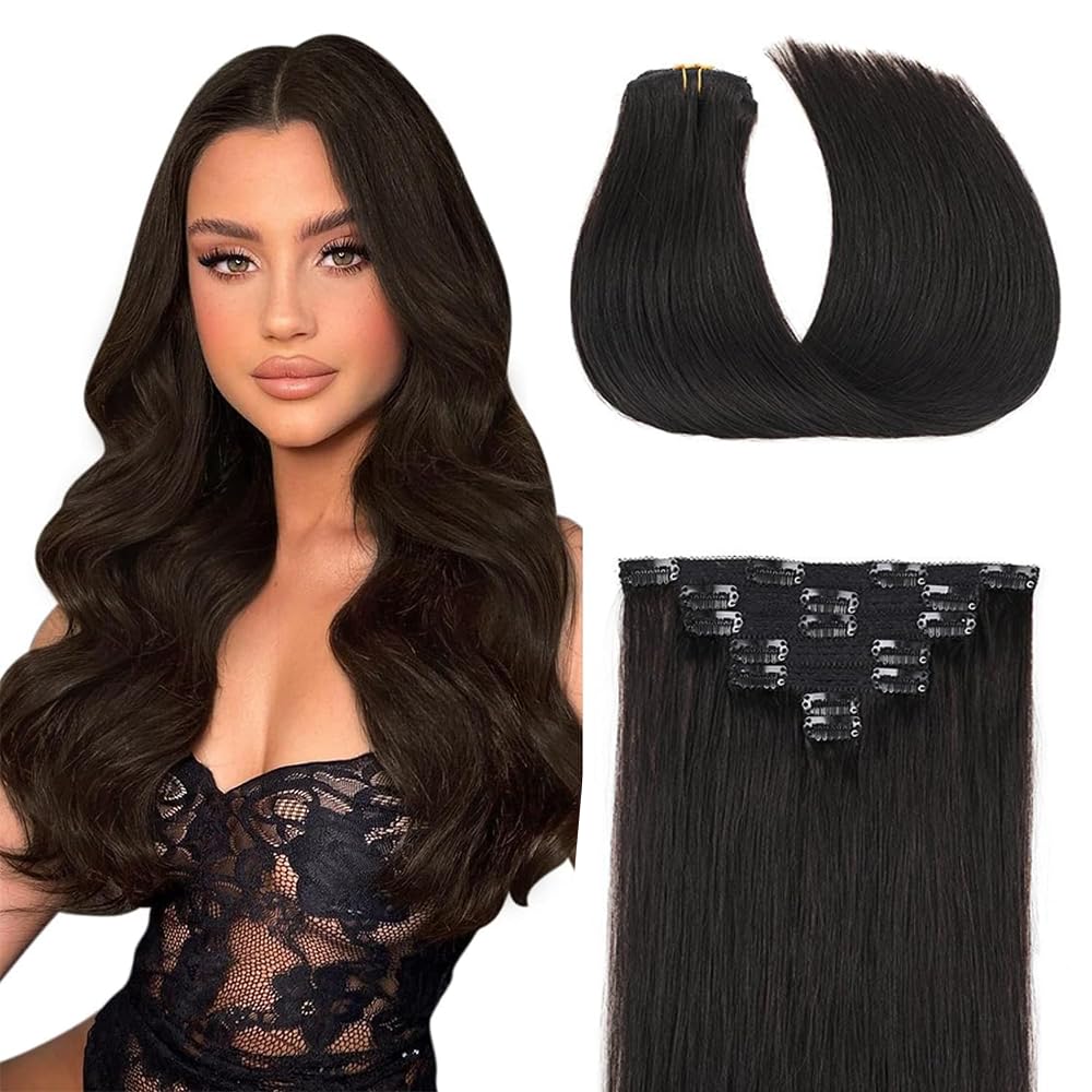 Photo 1 of 20 Inch 1B Clip in Hair Extensions,Soft Real Human Hair 120g 7pcs,Brazilian Remy Clip ins for Women,Natural Black Clip ins Silky Straight Hair Extensions