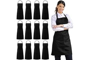 Syntus 12 Pack Bib Apron, Unisex Aprons Adjustable Waterdrop Resistant with 2 Pockets Cooking Kitchen Apron for Chef, BBQ Drawing Apron Bulk, Black