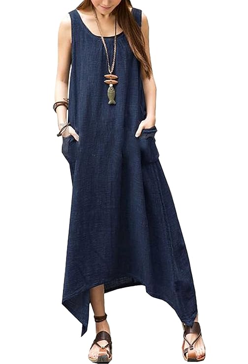 Minetom Damen Lang Kleider Blusenkleid Ärmellos Sommerkleid Freizeitkleid Casual Tunika Baggy Maxi Dress Mode Westekleid