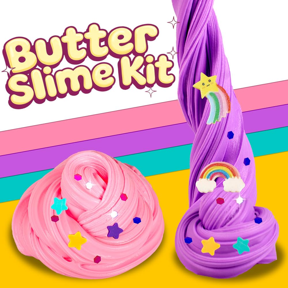 Waybla 2 Pack Butter Slime Kit for Kids with Glitter, Unicorn Figurines, Rainbow & Star Accessories – DIY Slime Toy Gift for Girls & Boys, Party Favors, Stocking Stuffers, Easter Basket Stuffers