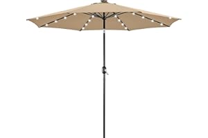 Yaheetech 10FT Solar Powered Patio Umbrella - UV Protection Market Table Umbrella w/ 32 LED Lights & Push Button Tilt & Crank Lift System for Garden/Lawn/Deck/Backyard/Pool,Tan
