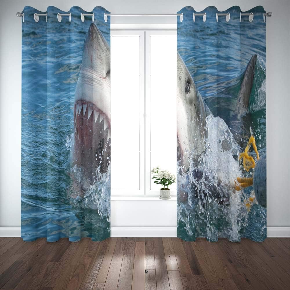 Shorping Window Curtains, Window Panels Sliding Blackout Curtains Great White Shark Carcharias Country Shower Curtain for Bedroom 52X63 Inches,2 Pc