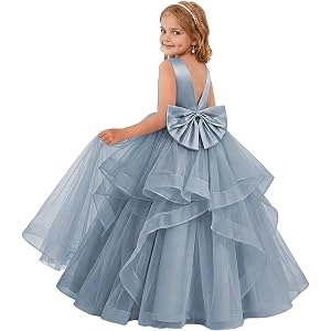 Satin Flower Girl Dress Bow Tulle First Communion Dress for Wedding | Satin, Tiered Tulle, A Line, Sleeveless, High Waist, Bo