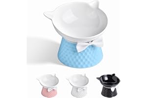 TRUNDISAN Ceramic Raised Cat Bowl with Stand and Bow Tie, Tilted Elevated Anti-Vomit Cat Dish for Whisker Relief, Microwave & Dishwasher Safe, Cute Pet Food Bowl for Cats and Small Dogs (Blue)
