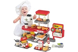 POFJOEQ 71PCS Kids Play House Food Set with Burgers, Fries, Chicken Wings, and More! Includes Cash Register and Water Dispenser for Endless Fun！(red)