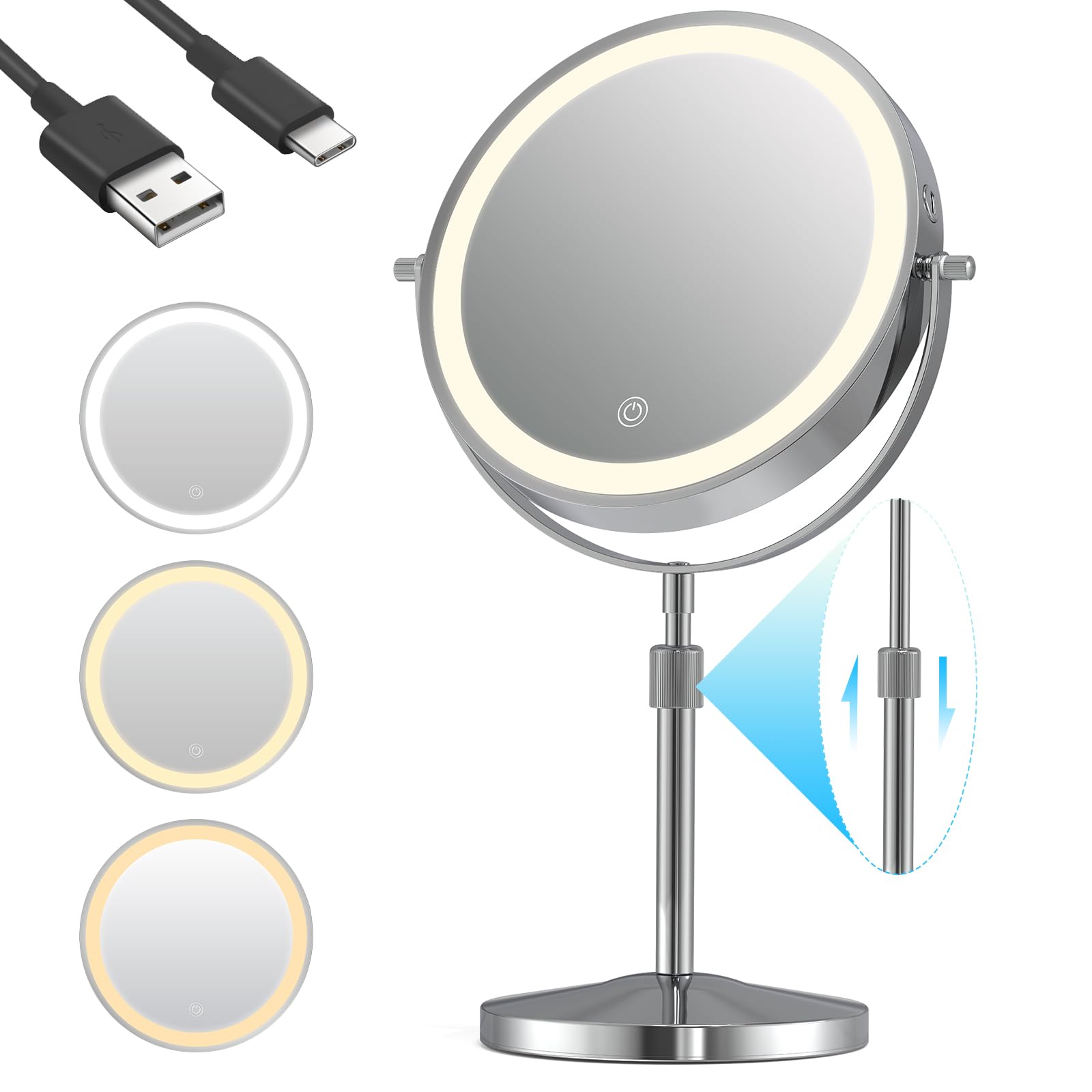 iklestar Magnifying Mirror with Light, Height Adjustable 10X Make up Mirror with Lighting, Double Sided LED Vanity Mirror for Table Desk Counter top, Rechargeable Magnified Makeup Mirrors with Stand