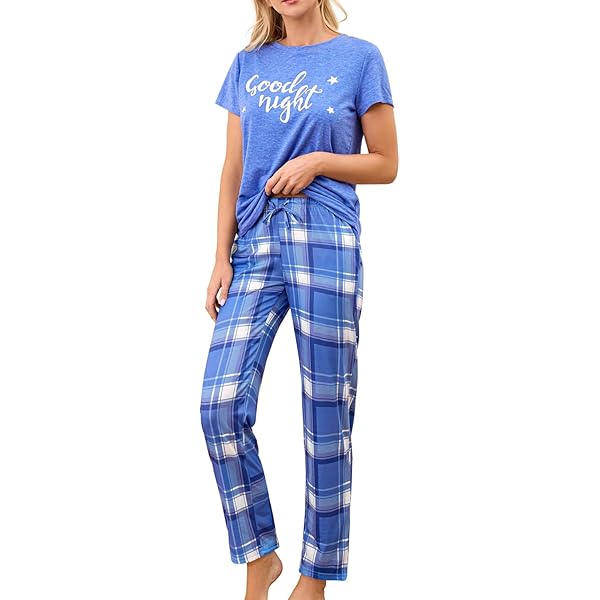 Womens Pajama Sets Short Sleeve Top And Capri Pajama Set 2 Piece Women's Capri Pajama Sets With Pockets Plaid Print Women's Summer Sleepwear Sets