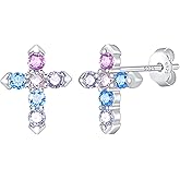 S925 Sterling Silver Hoop Earrings for Girls Women Kids - Small Cross Hypoallergenic Stud Earrings for Girls 8-12 Cubic Zirconia Cartilage Mini Hoop Earrings for Second Hole Sleeper Earrings