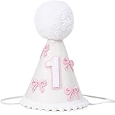 Bow 1st Birthday Party Hat - Girls Cake Smash Photo Props, Pink Bow and White Cone Hat for First Birthday Decorations