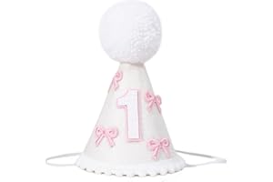 WAOUH Bow 1st Birthday Party Hat - Girls Cake Smash Photo Props, Pink Bow and White Cone Hat for First Birthday Decorations