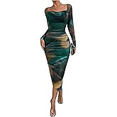 Floerns Women's Tie Dye Long Sleeve Cowl Neck Ruched Cocktail Bodycon Midi Dresses