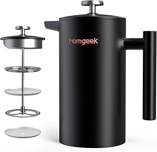 homgeek French Press Kaffeebereiter 1 Liter/8 Tassen, Doppelwandige Isolierte Kaffeekanne und Teebereiter, Handfilter Kaffeepresse mit Plunger aus Edelstahl 304 und Zusätzlicher Ersatzfilter, Schwarz