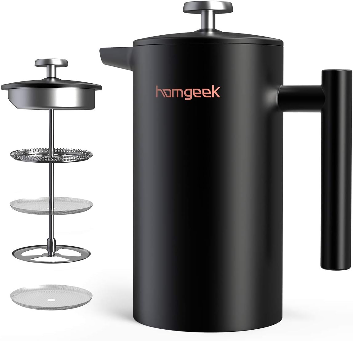 homgeek French Press Kaffeebereiter 1 Liter/8 Tassen, Doppelwandige Isolierte Kaffeekanne und Teebereiter, Handfilter Kaffeepresse mit Plunger aus Edelstahl 304 und Zusätzlicher Ersatzfilter, Schwarz